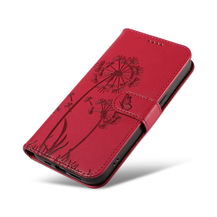 For iPhone 16 Plus Leather Case Wallet Phone Cover Dandelion Imprint - Red