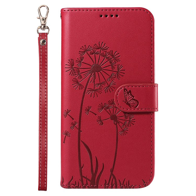 For iPhone 16 Plus Leather Case Wallet Phone Cover Dandelion Imprint - Red