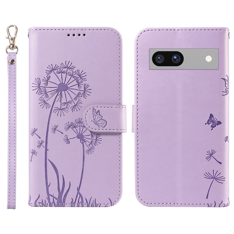 For Google Pixel 7a Leather Case Wallet Phone Cover Dandelion Imprint - Purple