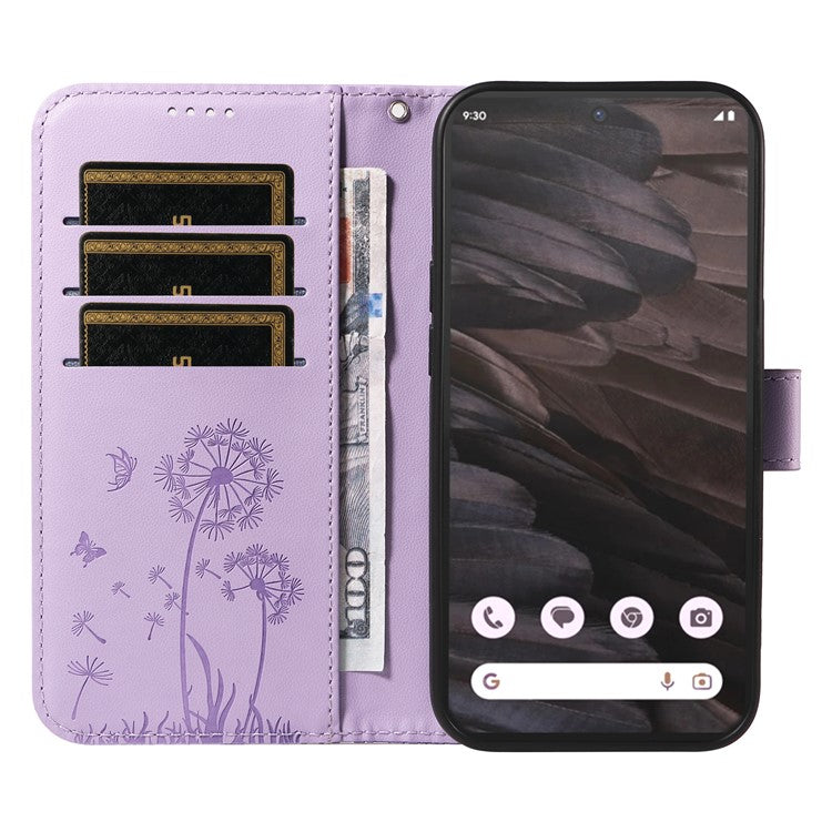 For Google Pixel 7a Leather Case Wallet Phone Cover Dandelion Imprint - Purple