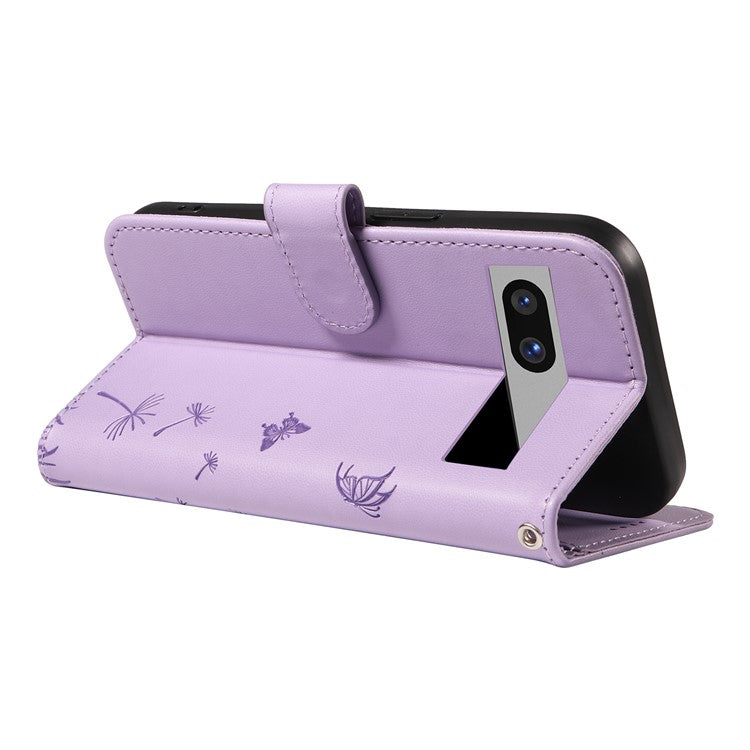 For Google Pixel 7a Leather Case Wallet Phone Cover Dandelion Imprint - Purple