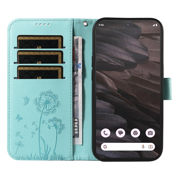 For Google Pixel 7a Leather Case Wallet Phone Cover Dandelion Imprint - Green