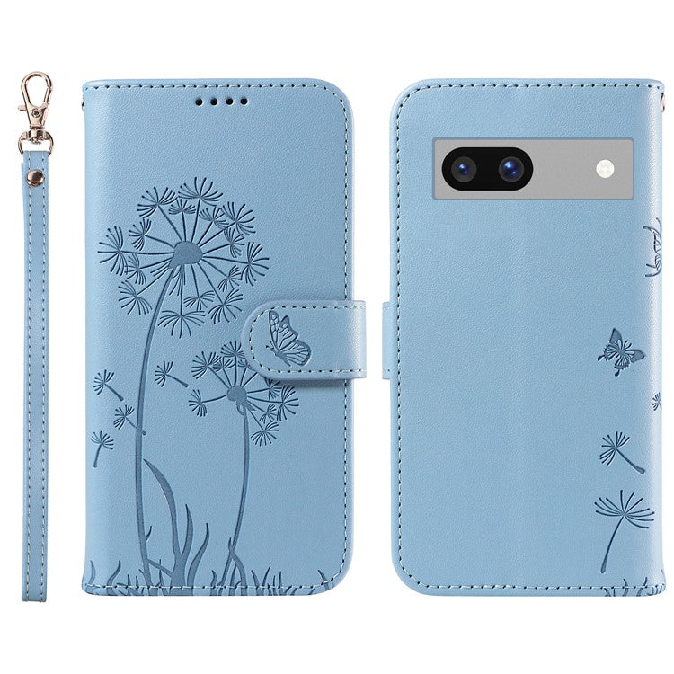 For Google Pixel 7a Leather Case Wallet Phone Cover Dandelion Imprint - Sky Blue