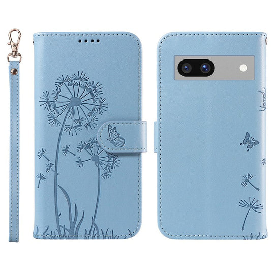 For Google Pixel 7a Leather Case Wallet Phone Cover Dandelion Imprint - Sky Blue