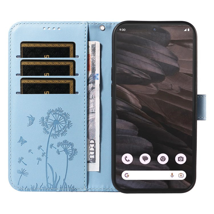 For Google Pixel 7a Leather Case Wallet Phone Cover Dandelion Imprint - Sky Blue