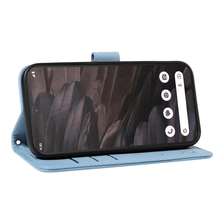 For Google Pixel 7a Leather Case Wallet Phone Cover Dandelion Imprint - Sky Blue