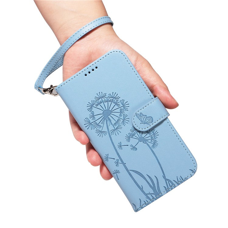 For Google Pixel 7a Leather Case Wallet Phone Cover Dandelion Imprint - Sky Blue
