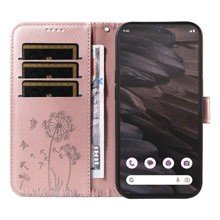 For Google Pixel 7a Leather Case Wallet Phone Cover Dandelion Imprint - Rose Gold