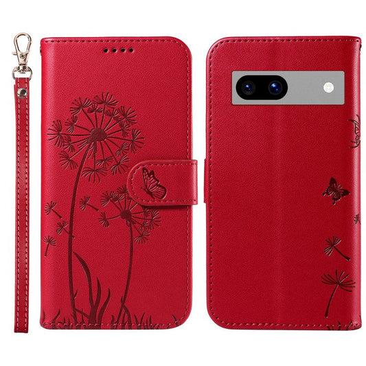 For Google Pixel 7a Leather Case Wallet Phone Cover Dandelion Imprint - Red