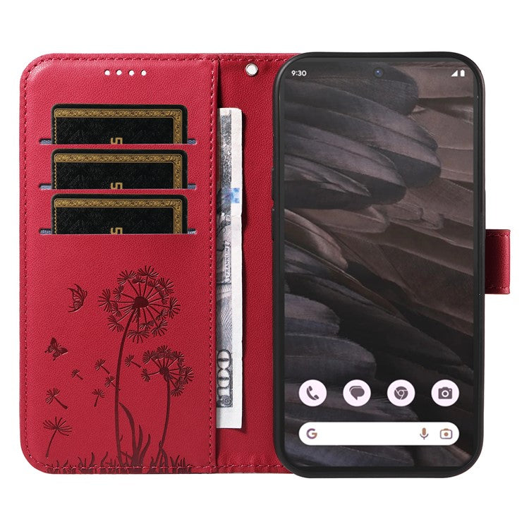For Google Pixel 7a Leather Case Wallet Phone Cover Dandelion Imprint - Red