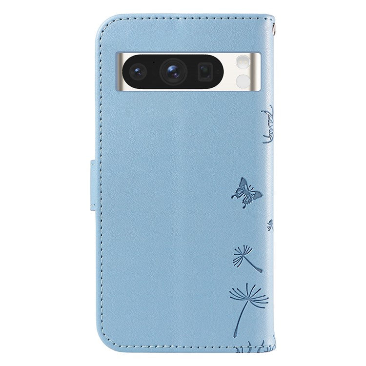 For Google Pixel 8 Pro Leather Case Wallet Phone Cover Dandelion Imprint - Sky Blue