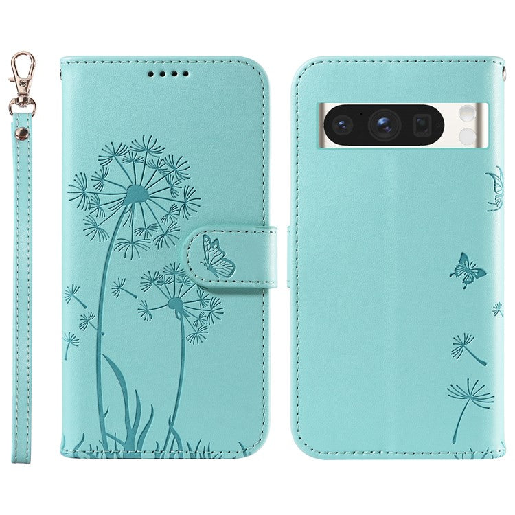 For Google Pixel 8 Pro Leather Case Wallet Phone Cover Dandelion Imprint - Green