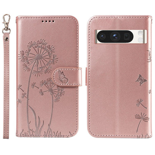 For Google Pixel 8 Pro Leather Case Wallet Phone Cover Dandelion Imprint - Rose Gold