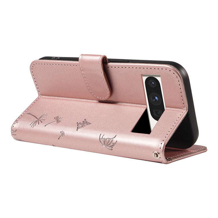 For Google Pixel 8 Pro Leather Case Wallet Phone Cover Dandelion Imprint - Rose Gold