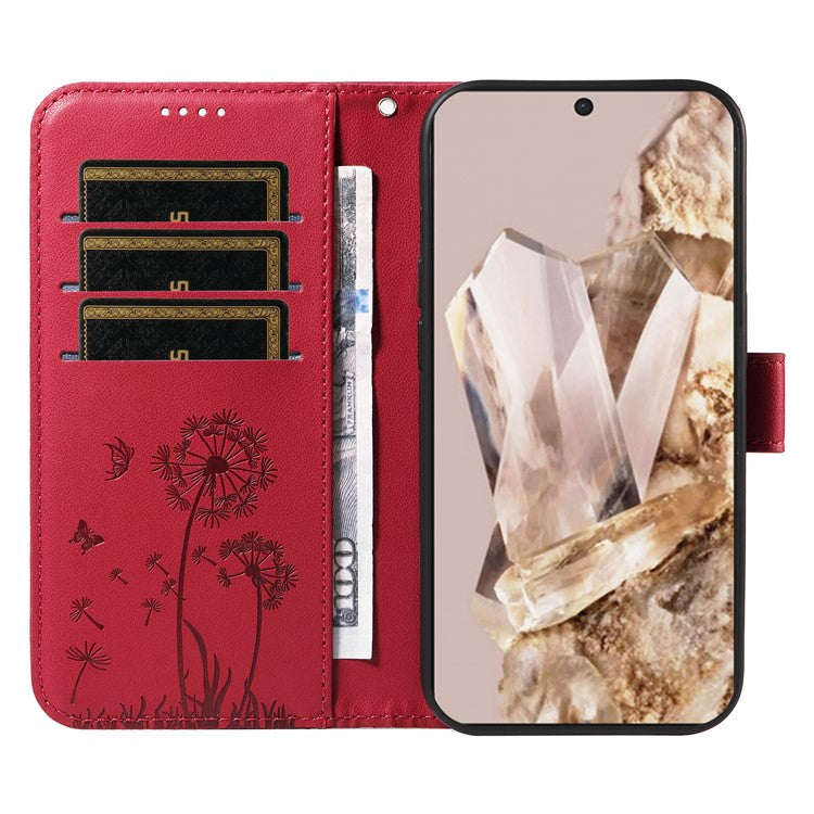 For Google Pixel 8 Pro Leather Case Wallet Phone Cover Dandelion Imprint - Red