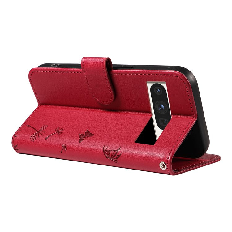 For Google Pixel 8 Pro Leather Case Wallet Phone Cover Dandelion Imprint - Red