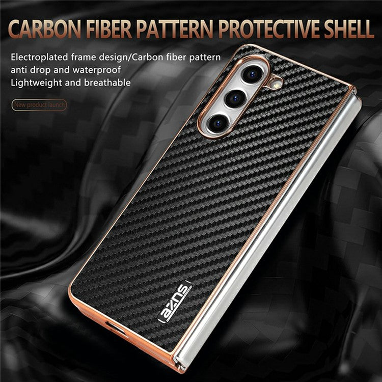 AZNS For Samsung Galaxy Z Fold6 5G Case Electroplating Carbon Fiber Texture PU+TPU Phone Cover - Brown