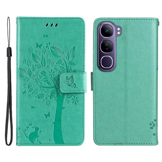 For vivo V40 Lite (Indonesia) 5G / V40 Lite (Indonesia) 4G Case Cat Tree Pattern Flip Leather Phone Cover - Green