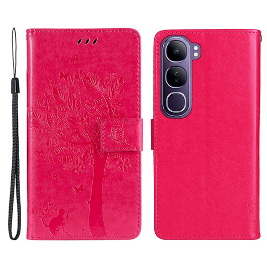 For vivo V40 Lite (Indonesia) 5G / V40 Lite (Indonesia) 4G Case Cat Tree Pattern Flip Leather Phone Cover - Rose