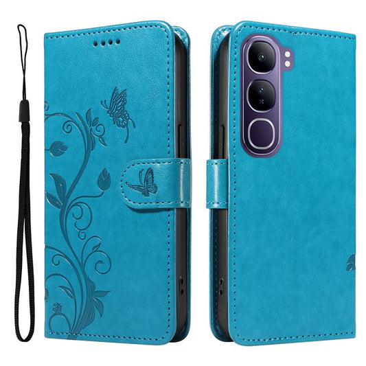 For vivo V40 Lite (Indonesia) 5G / V40 Lite (Indonesia) 4G Case Flower Pattern PU Leather Wallet Phone Cover - Blue