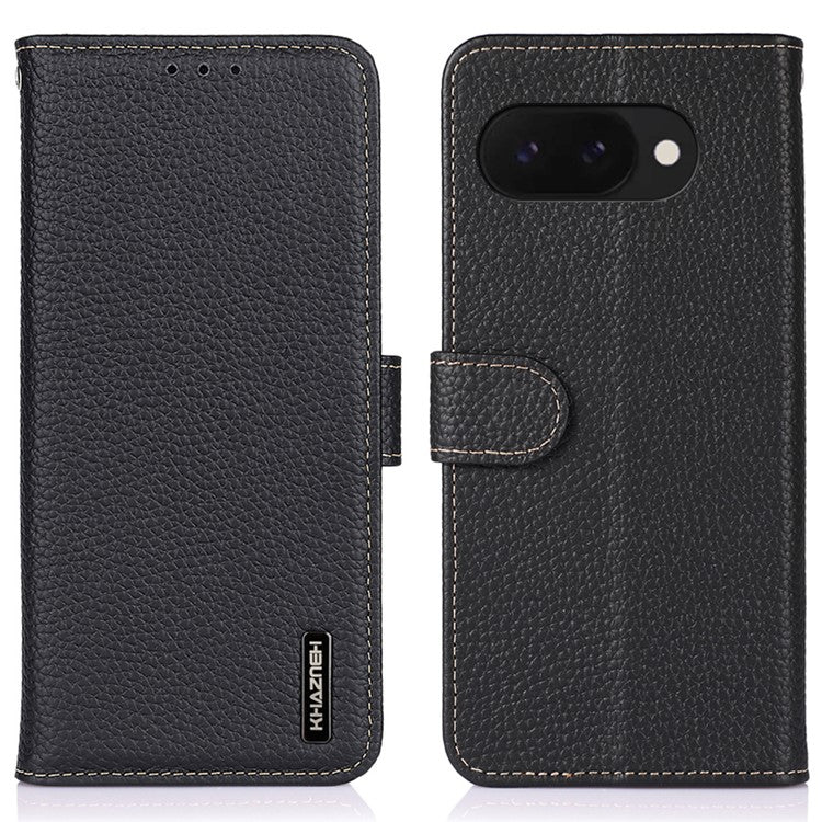 KHAZNEH For Google Pixel 9a Phone Case Genuine Cow Leather Flip Cover - Black