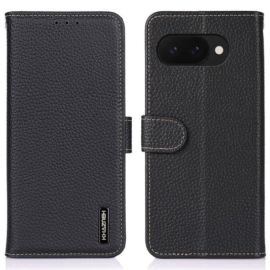 KHAZNEH For Google Pixel 9a Phone Case Genuine Cow Leather Flip Cover - Black