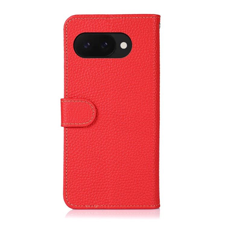 KHAZNEH For Google Pixel 9a Phone Case Genuine Cow Leather Flip Cover - Red
