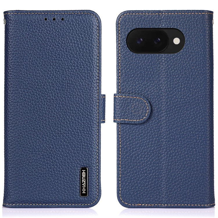 KHAZNEH For Google Pixel 9a Phone Case Genuine Cow Leather Flip Cover - Blue