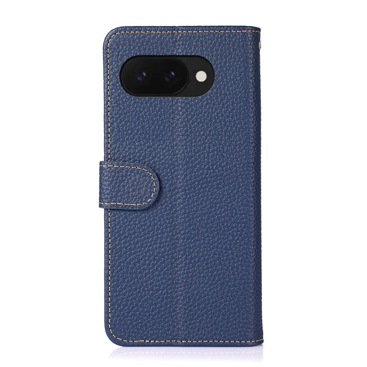 KHAZNEH For Google Pixel 9a Phone Case Genuine Cow Leather Flip Cover - Blue