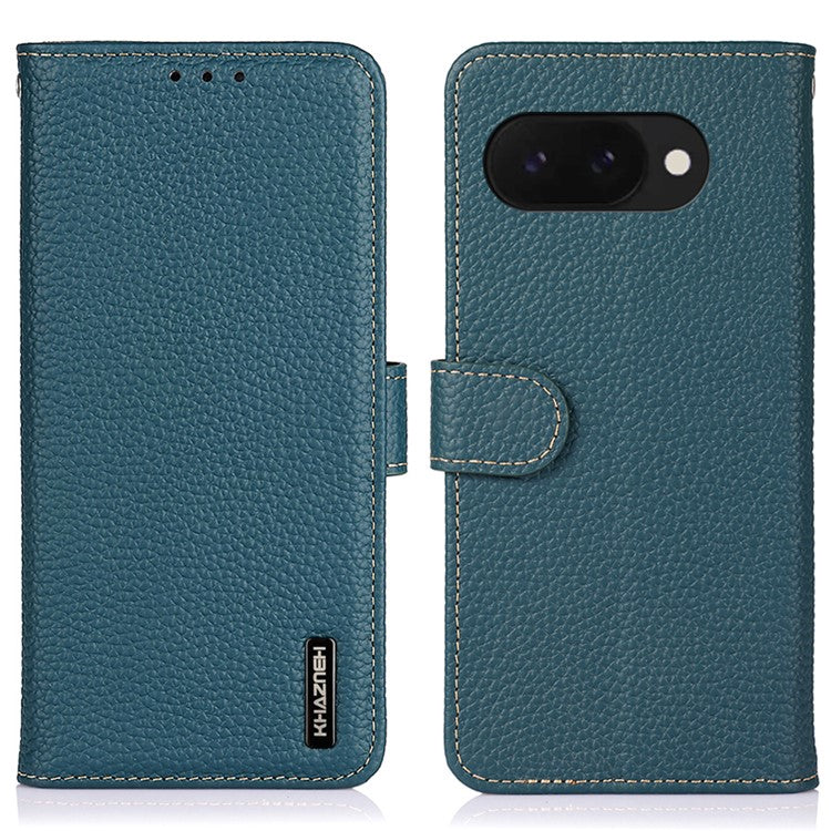 KHAZNEH For Google Pixel 9a Phone Case Genuine Cow Leather Flip Cover - Green