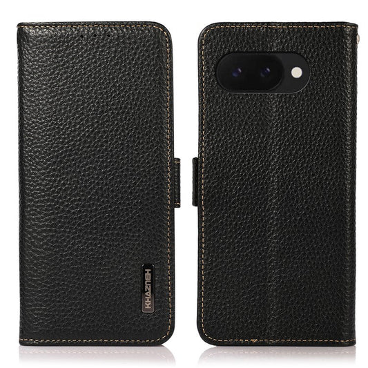 KHAZNEH For Google Pixel 9a Phone Case Genuine Cow Leather Cover RFID Blocking - Black