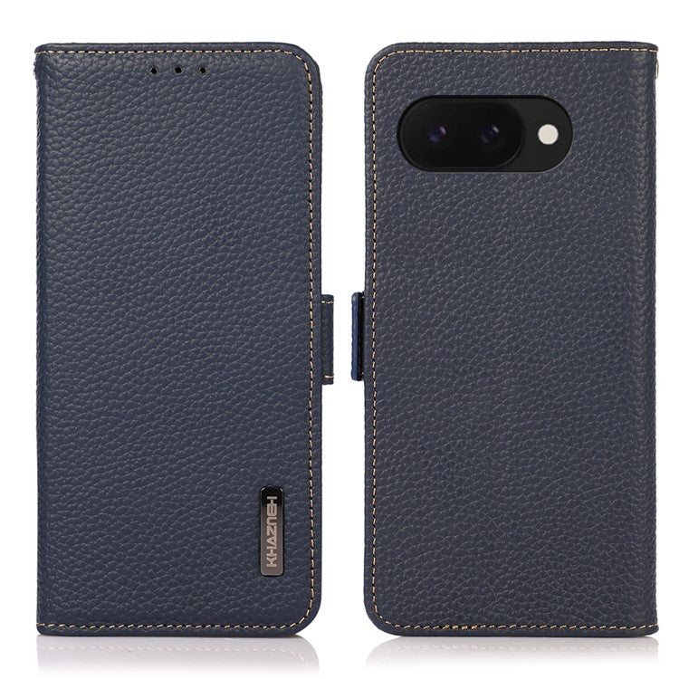 KHAZNEH For Google Pixel 9a Phone Case Genuine Cow Leather Cover RFID Blocking - Blue