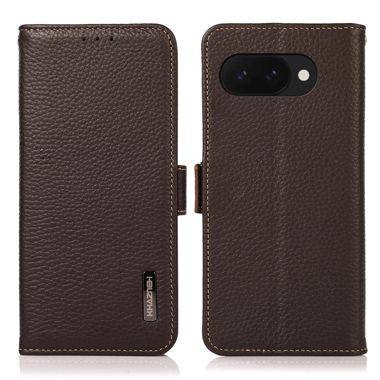KHAZNEH For Google Pixel 9a Phone Case Genuine Cow Leather Cover RFID Blocking - Brown