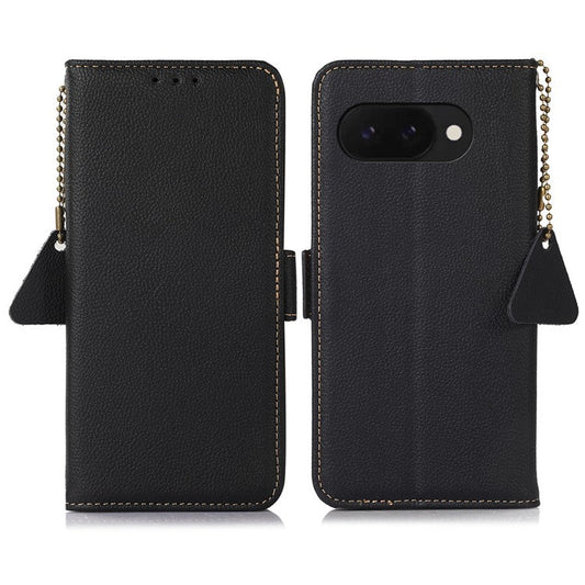 TJ For Google Pixel 9a Case RFID Blocking Genuine Cow Leather Phone Cover - Black