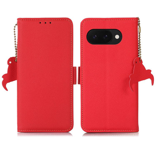 TJ For Google Pixel 9a Case RFID Blocking Genuine Cow Leather Phone Cover - Red