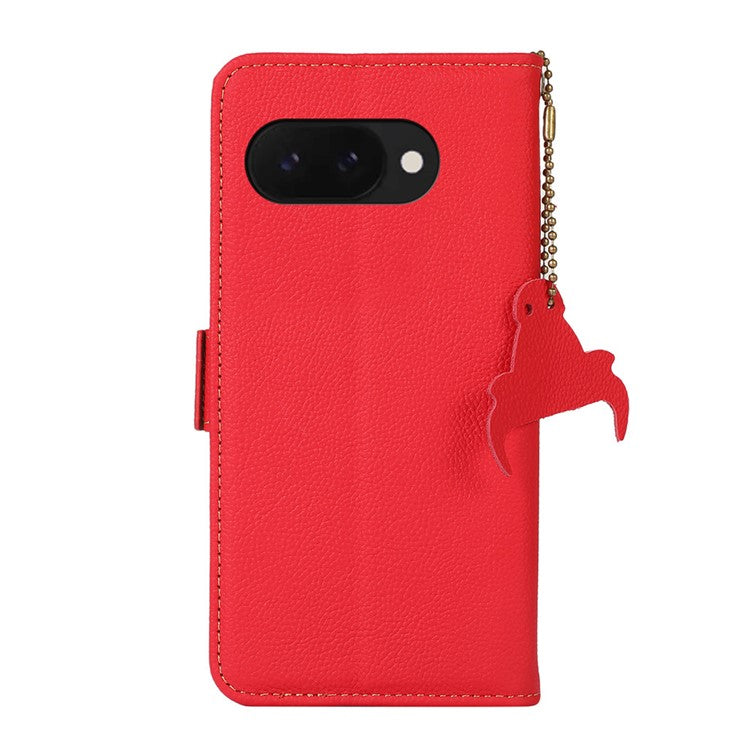 TJ For Google Pixel 9a Case RFID Blocking Genuine Cow Leather Phone Cover - Red