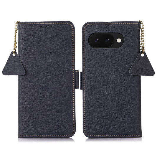 TJ For Google Pixel 9a Case RFID Blocking Genuine Cow Leather Phone Cover - Blue