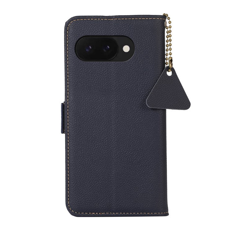 TJ For Google Pixel 9a Case RFID Blocking Genuine Cow Leather Phone Cover - Blue