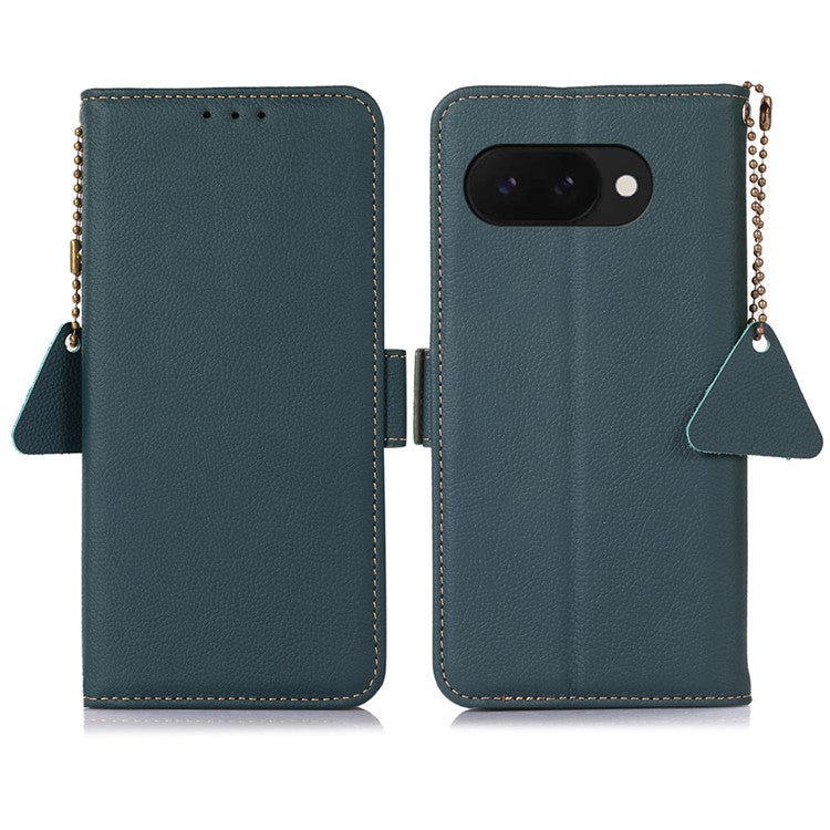 TJ For Google Pixel 9a Case RFID Blocking Genuine Cow Leather Phone Cover - Green