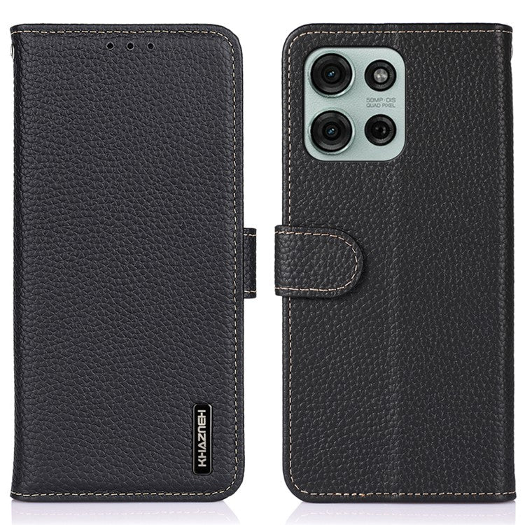 KHAZNEH For Motorola Moto G75 5G Phone Case Genuine Cow Leather Flip Cover - Black