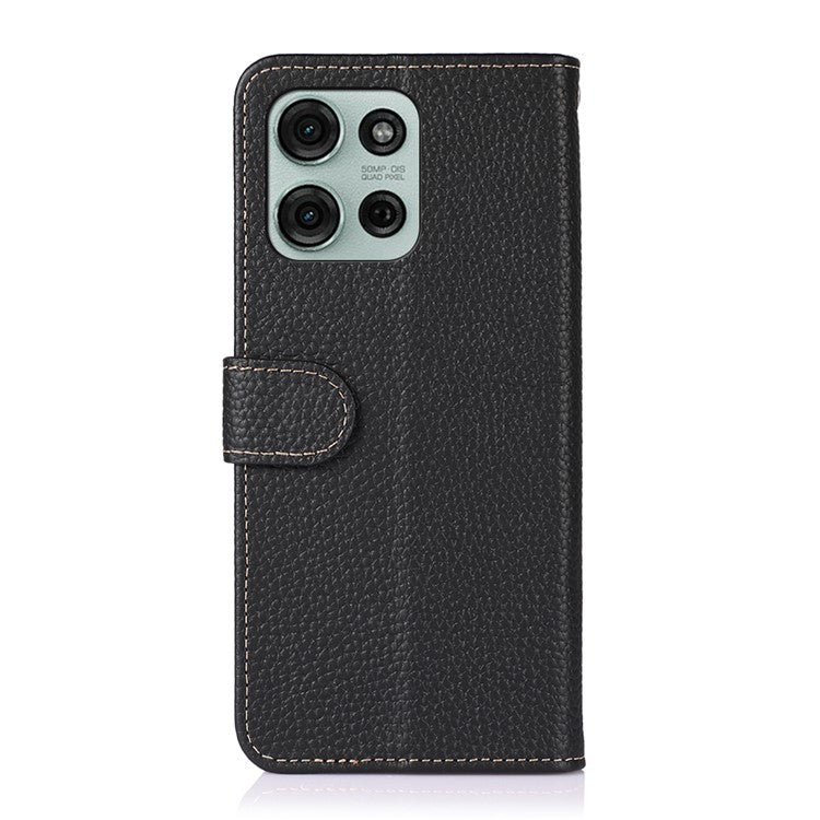 KHAZNEH For Motorola Moto G75 5G Phone Case Genuine Cow Leather Flip Cover - Black
