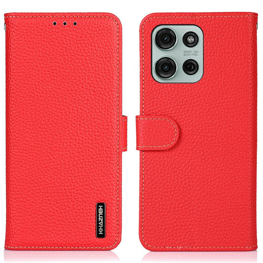 KHAZNEH For Motorola Moto G75 5G Phone Case Genuine Cow Leather Flip Cover - Red