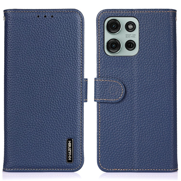 KHAZNEH For Motorola Moto G75 5G Phone Case Genuine Cow Leather Flip Cover - Blue