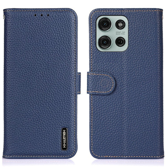 KHAZNEH For Motorola Moto G75 5G Phone Case Genuine Cow Leather Flip Cover - Blue