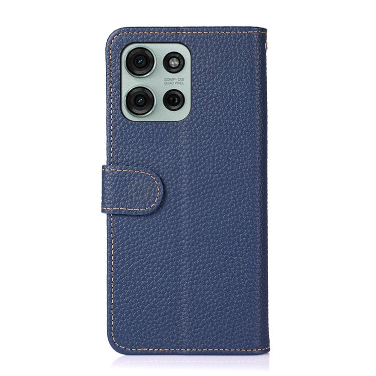 KHAZNEH For Motorola Moto G75 5G Phone Case Genuine Cow Leather Flip Cover - Blue