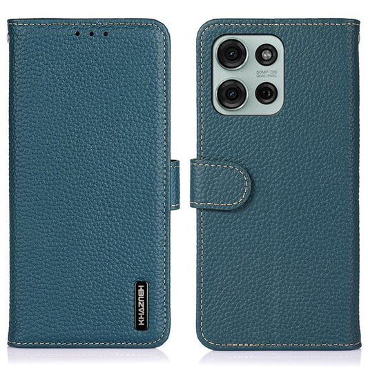 KHAZNEH For Motorola Moto G75 5G Phone Case Genuine Cow Leather Flip Cover - Green