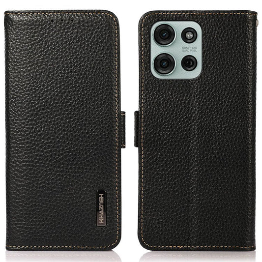 KHAZNEH For Motorola Moto G75 5G Phone Case Genuine Cow Leather Cover RFID Blocking - Black