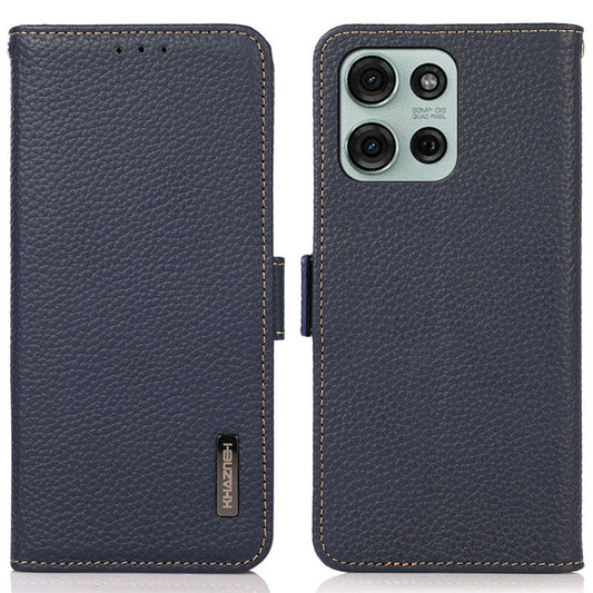 KHAZNEH For Motorola Moto G75 5G Phone Case Genuine Cow Leather Cover RFID Blocking - Blue