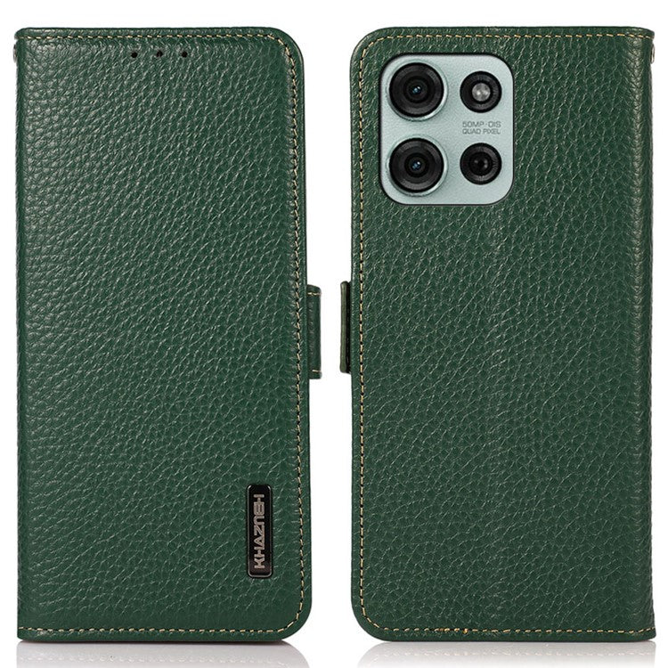 KHAZNEH For Motorola Moto G75 5G Phone Case Genuine Cow Leather Cover RFID Blocking - Green