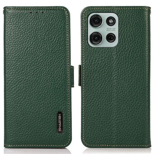 KHAZNEH For Motorola Moto G75 5G Phone Case Genuine Cow Leather Cover RFID Blocking - Green